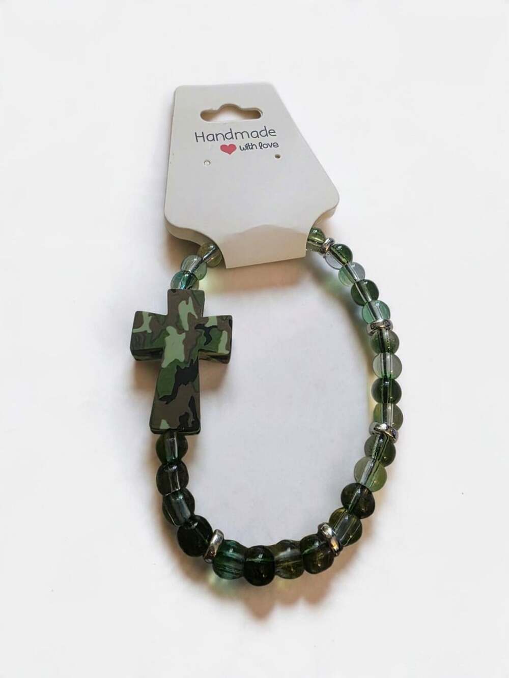 Camo Cross Green Beaded Stretch Bracelet New